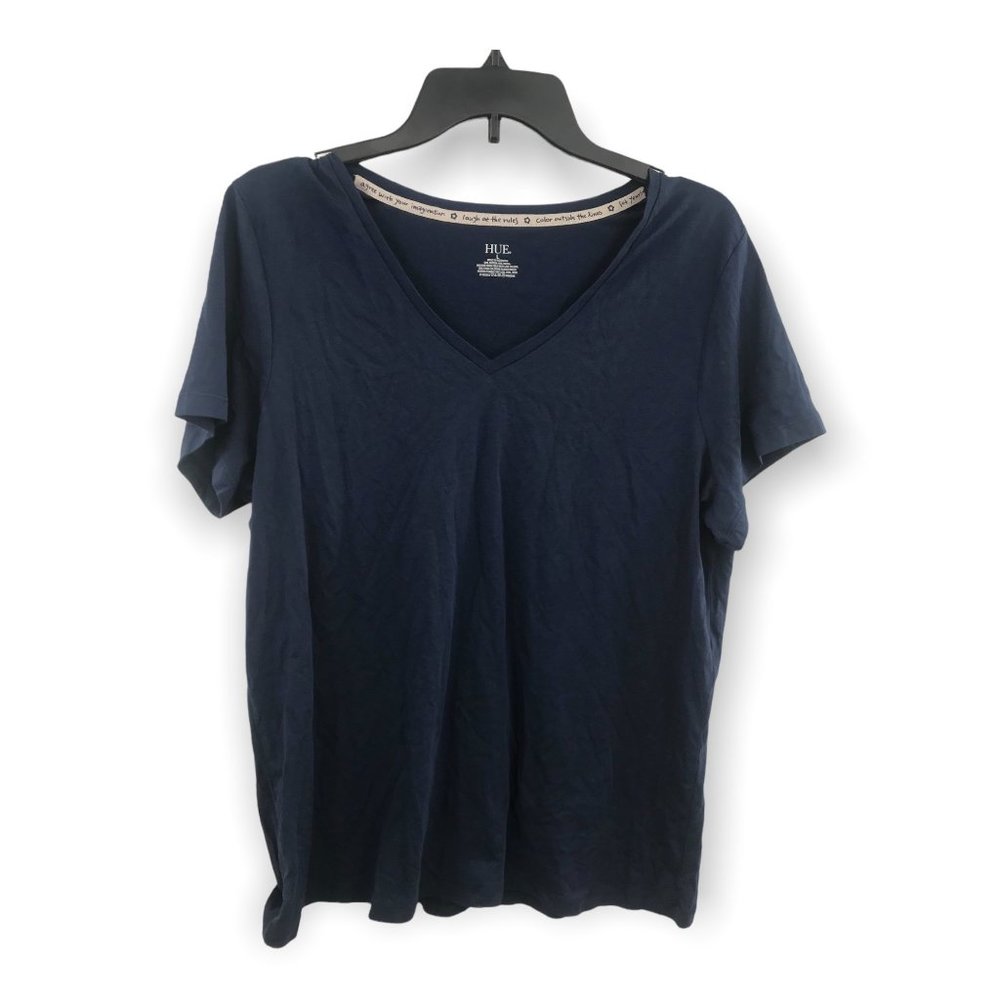 ^ Hue Womens Large Medieval Blue Solid V-Neck Short Sleeve Tee NWT